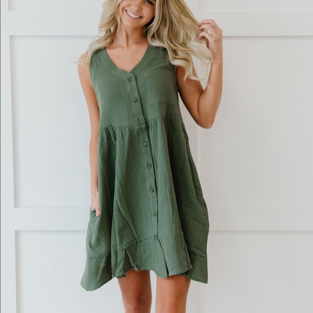 Cotton Bleu Sage Green Button Up Dress